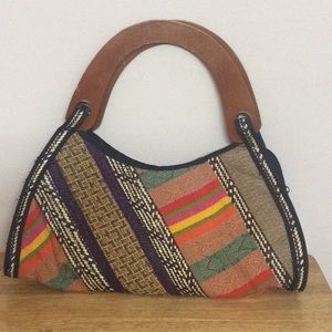 🌞 Vintage Decorative colorful striped handbag purse wooden handles